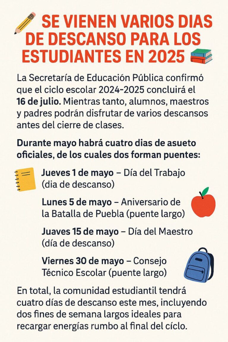 4. 29-abr-25 Se vienen varios días de descanso para los estudiantes en lo que resta del ciclo escolar